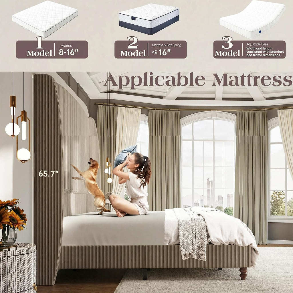 65.7' Tall Headboard California King Size Upholstered Bed Frame with Wingback, Soft Washable Corduroy Beds Cover, Solid Wood Legs, Noise-Free, No Box Spring Needed, Light Gray