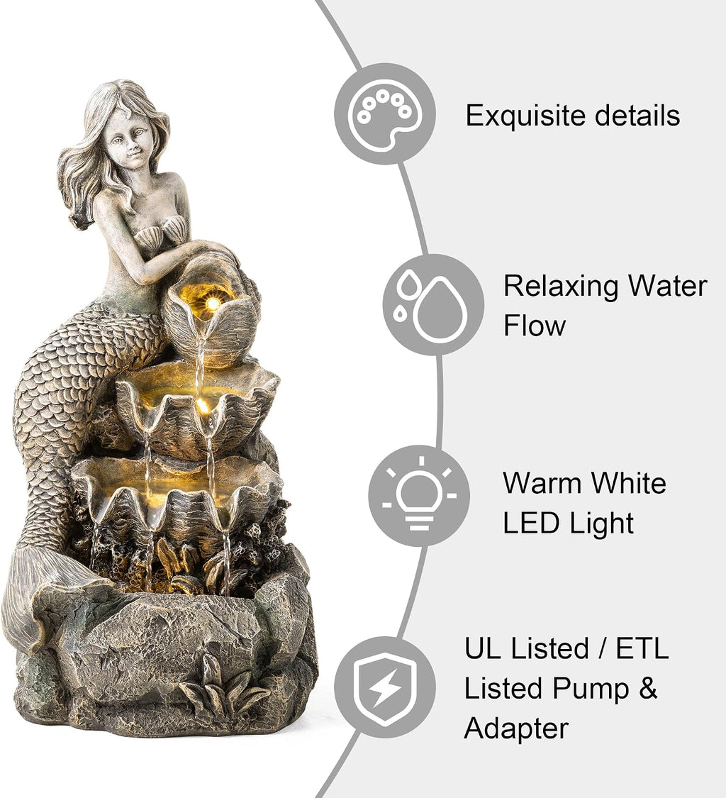 Glitzhome Water Fountain Outdoor, Outdoor Fountain with Lights & Pump, 22.25' H 4-Tiered Concrete Mermaid Polyresin Waterfall Floor Standing Water Feature for Garden, Patio, Yard, Deck, Porch