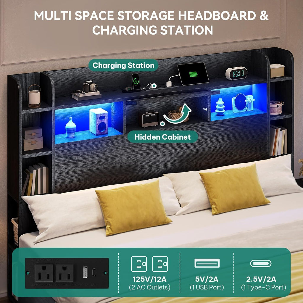 DWVO Queen Size Bed Frame with Bookcase Headboard and 4 Storage Drawers, RGB LED Bed Frame with Type-C & USB Charging Station Storage Headboard Bed, No Box Spring Needed, Noise Free, Black