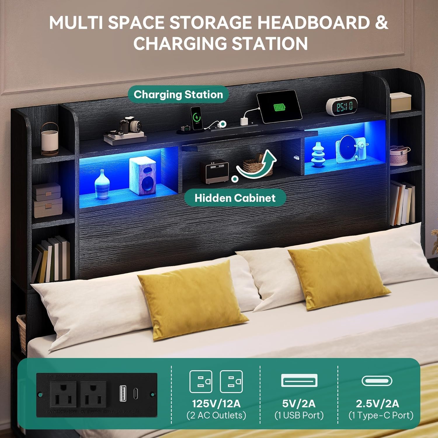 DWVO Queen Size Bed Frame with Bookcase Headboard and 4 Storage Drawers, RGB LED Bed Frame with Type-C & USB Charging Station Storage Headboard Bed, No Box Spring Needed, Noise Free, Black