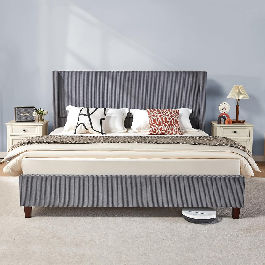 VanAcc Queen Size Platform Bed Frame, 50.8' Corduroy Upholstered Bed with Vertical Channel Tufted Headboard/Wooden Slats/Wingback/No Box Spring Required/Grey