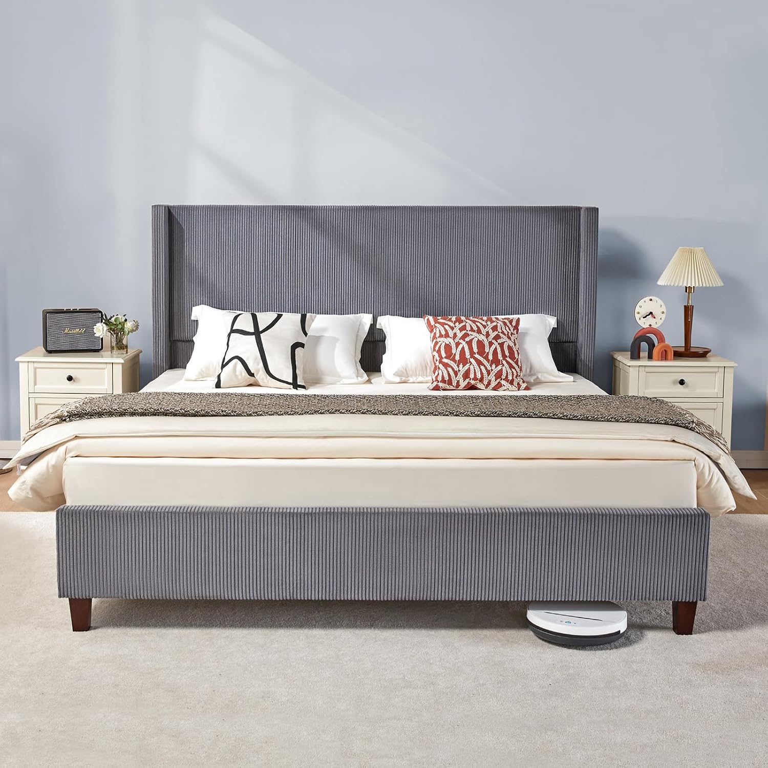 VanAcc Queen Size Platform Bed Frame, 50.8' Corduroy Upholstered Bed with Vertical Channel Tufted Headboard/Wooden Slats/Wingback/No Box Spring Required/Grey