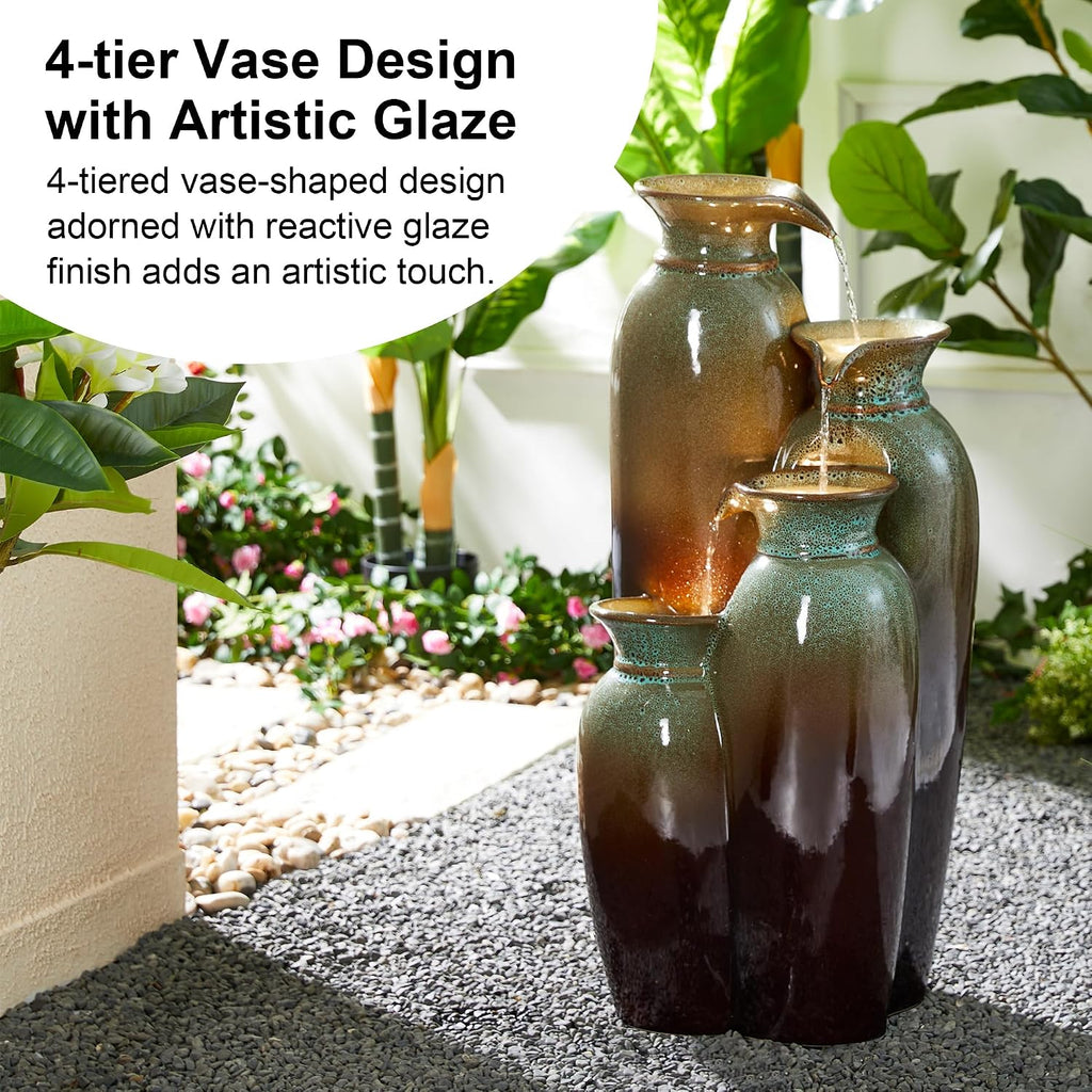Glitzhome 30.75' H Vase Ceramic Outdoor Water Fountain with LED Lights and Pump, 4-Tier Olive Green and Brown Reactive Glaze Cascading Pots Standing Fountain for Porch Deck Garden Patio Backyard