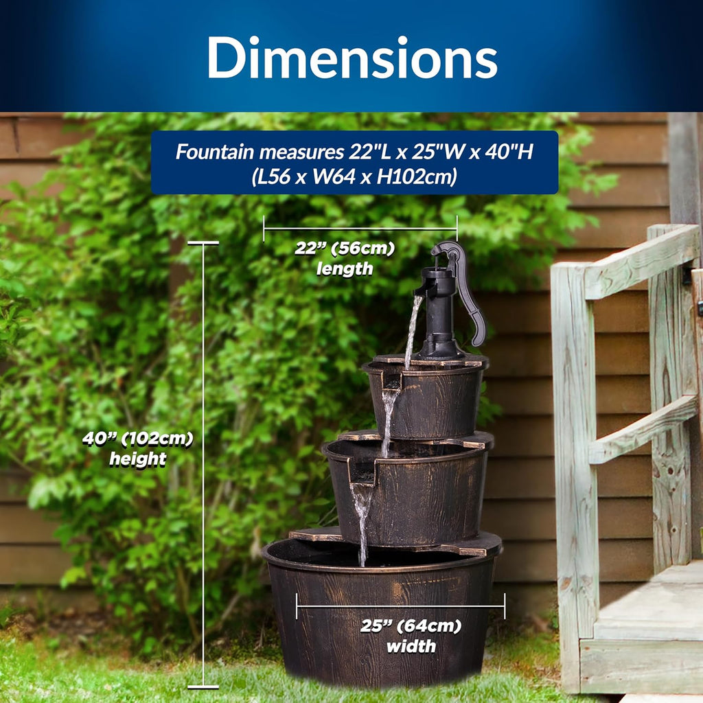 Alpine Corporation 40' Tall Outdoor Floor Tiered Rustic Pump and Barrel Water Fountain, Old-Fashioned Waterfall for Garden, Patio, Yard Decor, Dark Brown