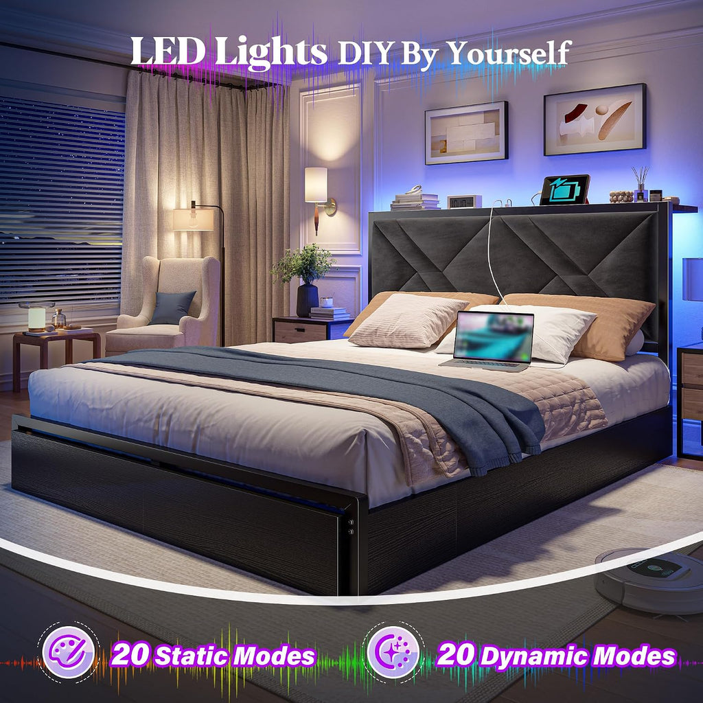 EnHomee Queen Bed Frame with 6 Storage Drawers and LED Lights, Metal Bed Frame Queen Size with Upholstered Headboard and Charging Station,NO Noise,Easy Assembly, Black