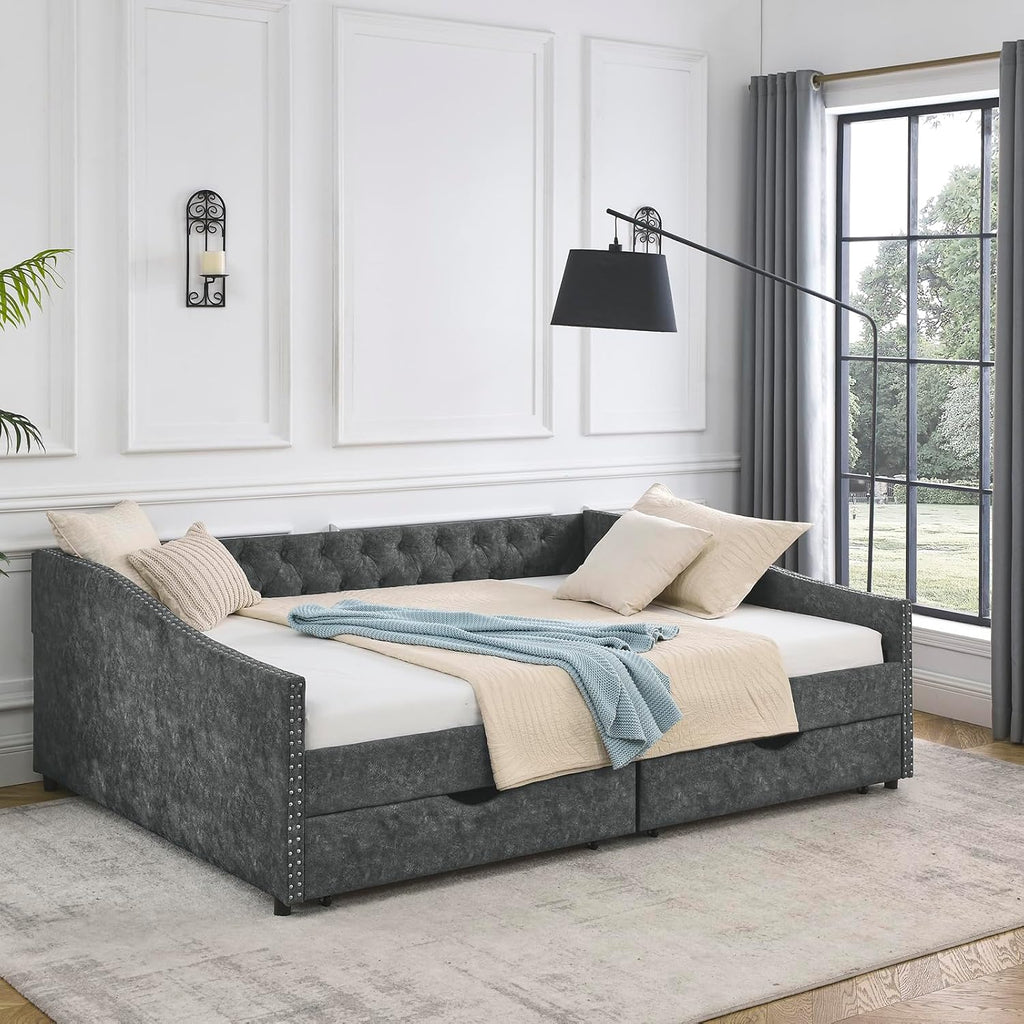 Wood Queen Size Daybed, Day Bed Frame with 2 Storage Drawers, Upholstered Bed Frame Queen Sofa Bed with Button and Nailhead Design for Bedroom Guest Room, No Box Spring Needed, Grey