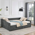 Wood Queen Size Daybed, Day Bed Frame with 2 Storage Drawers, Upholstered Bed Frame Queen Sofa Bed with Button and Nailhead Design for Bedroom Guest Room, No Box Spring Needed, Grey