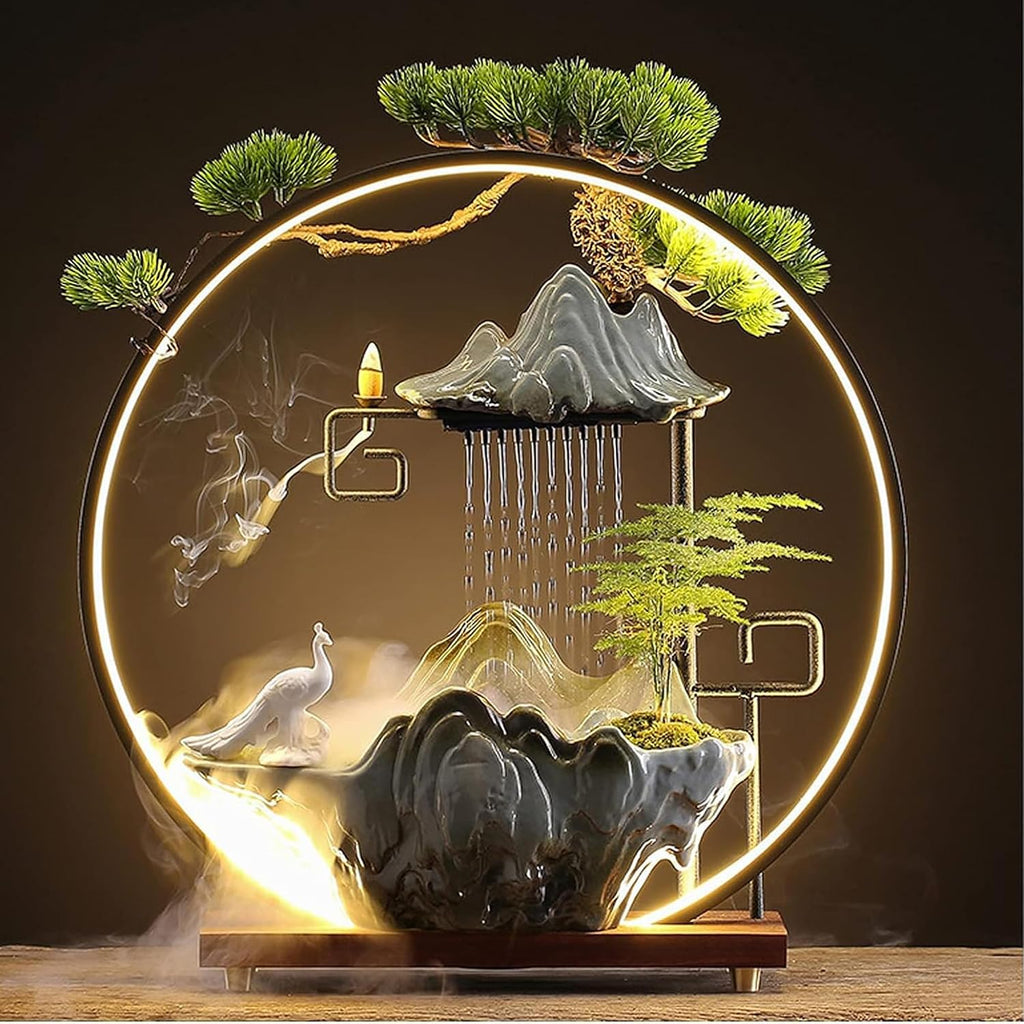 Peacock Tabletop Indoor Waterfall Fountain with Light - Backflow Incense Burner, Ceramic Zen Decor for Home Office Yoga Meditation