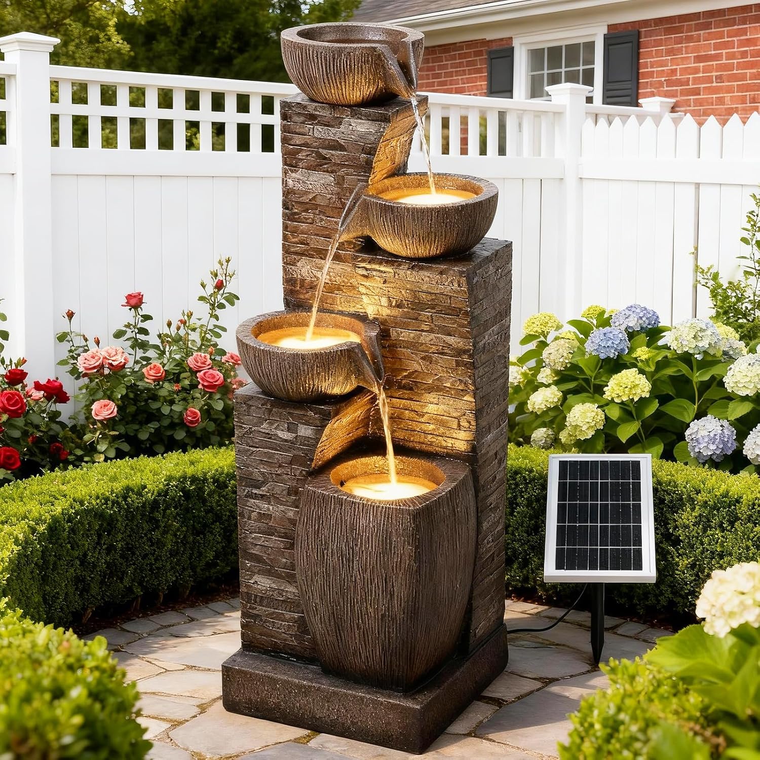 38.2' Tall Solar Water Fountain Outdoor Garden,Stone Texture Modern 4 Tiers Cascading Bowls Garden Fountains Outdoor,Suit for Patio, Deck, Porch, Lawns, Backyard and Home Art Decor