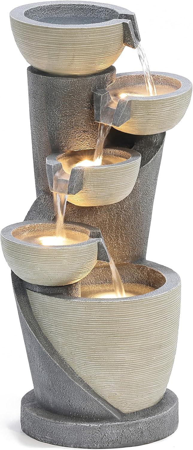 LuxenHome 22' Small Water Fountain Outdoor, Modern Resin Cascading Waterfall Fountains, Garden Fountain with Lights Garden Decor, Outdoor Water Fountains for Patio, Yard