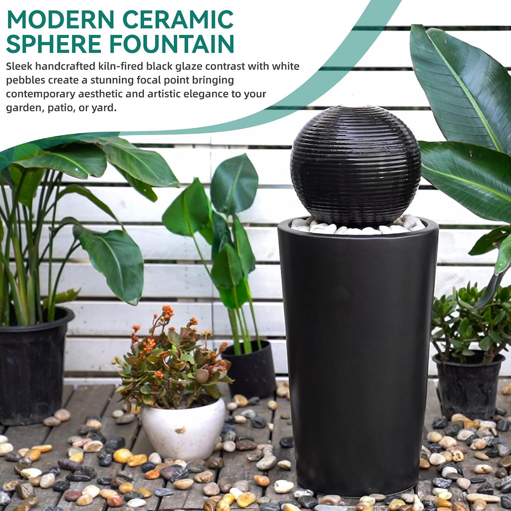 30' H Ceramic Sphere Water Fountain with LED Light, Modern Minimalist Design, Black Glaze with White Pebbles, Soothing Trickling Water Feature, Adding Artistic Charm & Tranquil Ambiance