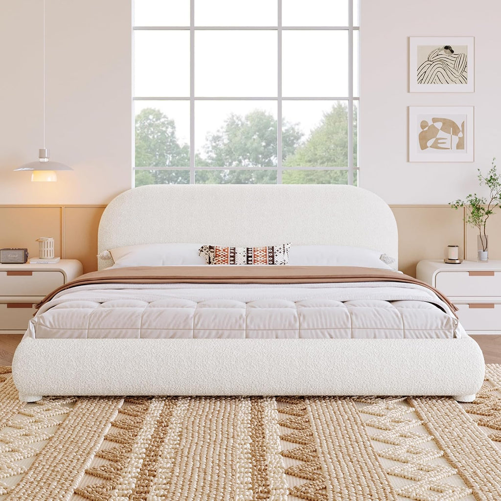 KLMM Upholstered Platform Bed with Thick Fabric, Solid Frame and Curve-Shaped Design,for Kids Teens Adults Bedroom (Cream/Boucle1, King)