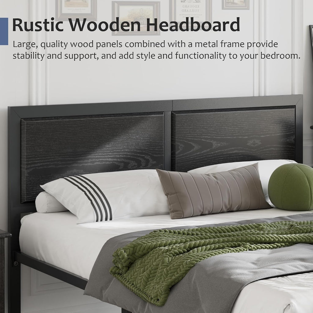 VECELO Full Bed Frames, Metal Platform Beds with Large Rustic Wooden Headboard, Metal Slats Support, Noise-Free/Easy Assembly, Black