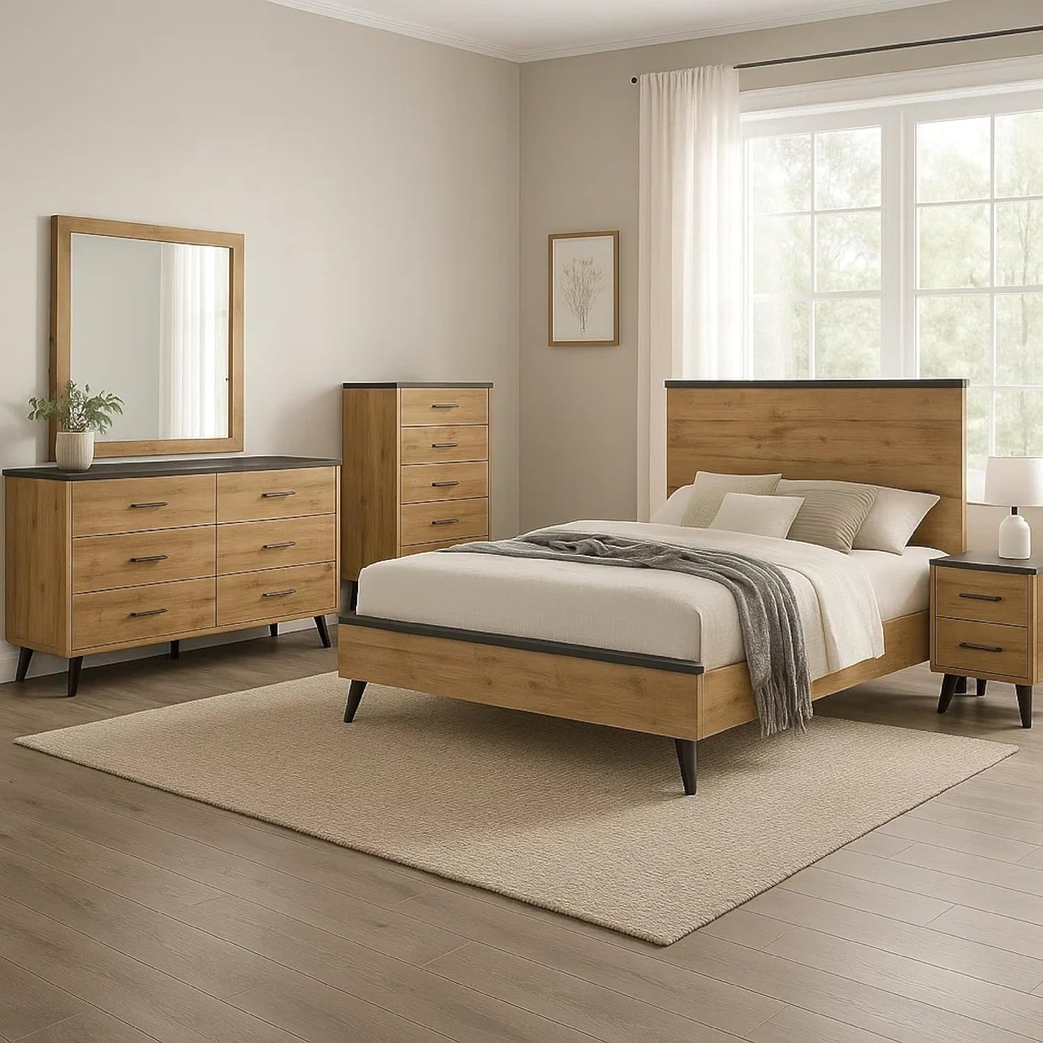 Benzara Wemy 5 Piece Queen Size Bed Set, Rustic Brown Pine Wood, Tapered Legs