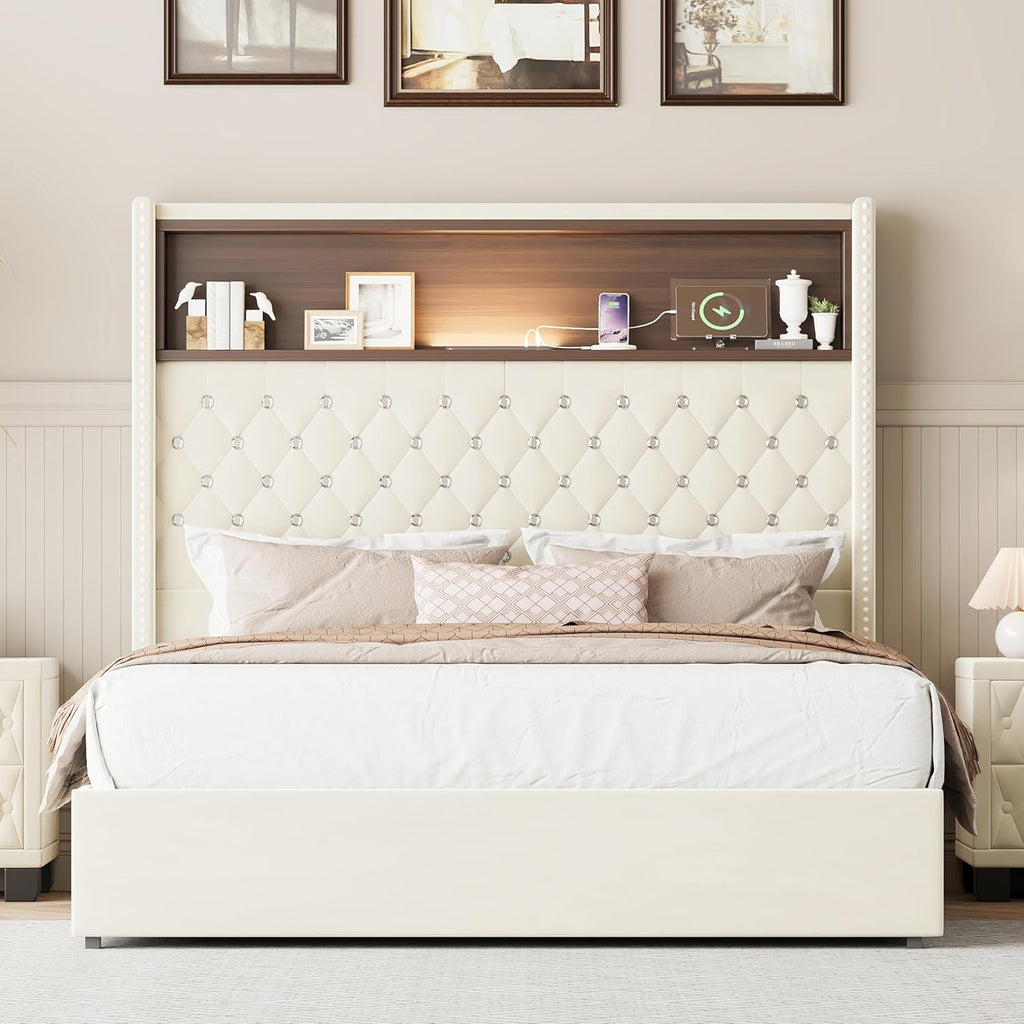JIVOIT Full Size Bed Frame with Storage, Velvet Tufted Soft Bed Frame with 52'' High Headboard with Rivet Decoration, Wing-Back Platform Bed with Headboard Shelf, No Box Spring Needed (Beige,Full,42)