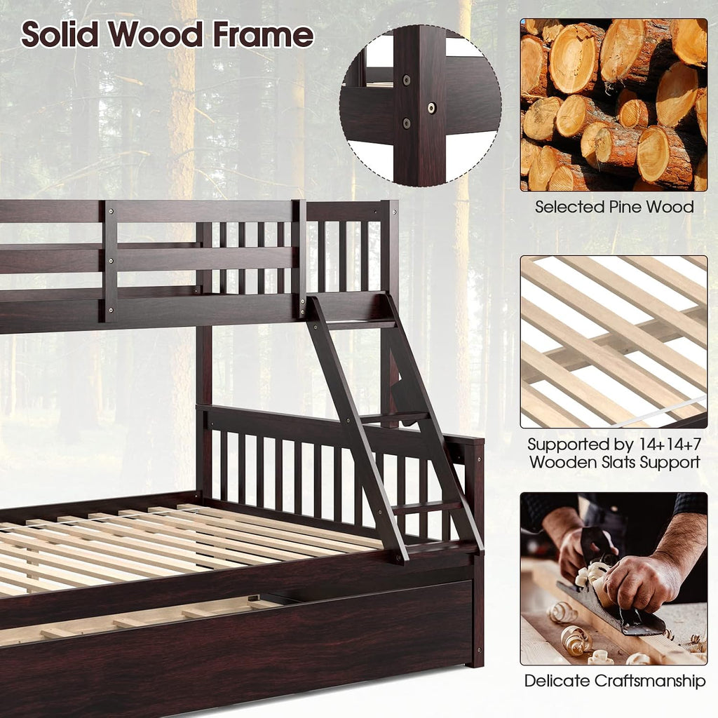 KOMFOTT Wood Twin Over Full Bunk Bed with Trundle, Bed Frame with Solid Pine Wood Frame, Space-Saving Bunk Bed with Ladder & Safety Guardrails, No Box Spring Needed