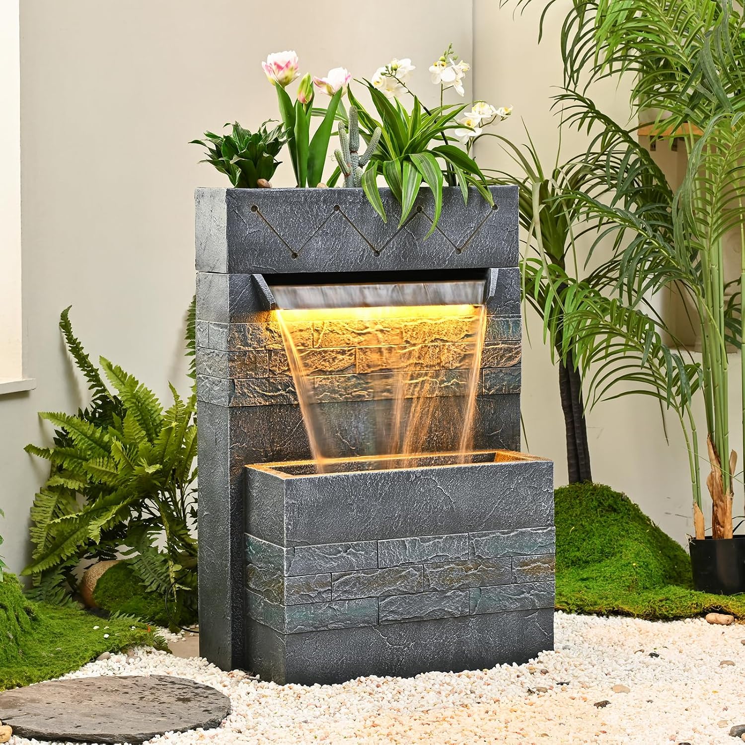 34.65'' Outdoor Garden Cascading Stone Floor-Standing Waterfall Fountain with LED Lights for Patio, Backyard, Deck, Porch and Home Art Decor