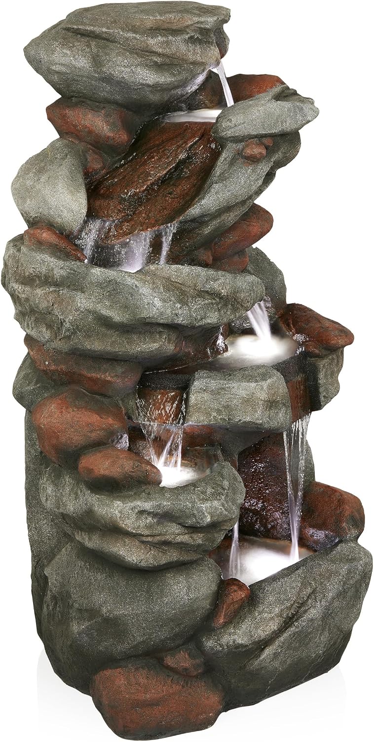 Alpine Corporation WIN1548 Outdoor Floor Cascading Stone Fountain with LED Lights, Tiered Garden Water Fountain, 53' H, Gray
