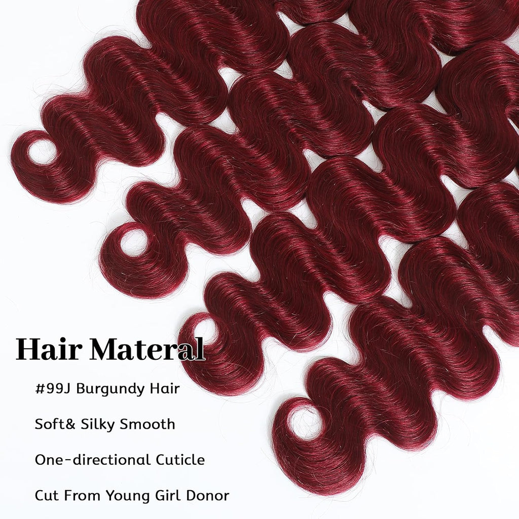 99J Red Body Wave Human Hair Bundles 15A Raw Indian Hair Bundle burgundy Body Wave Bundles Hair Extensions(4 bundles 14 16 18 20)