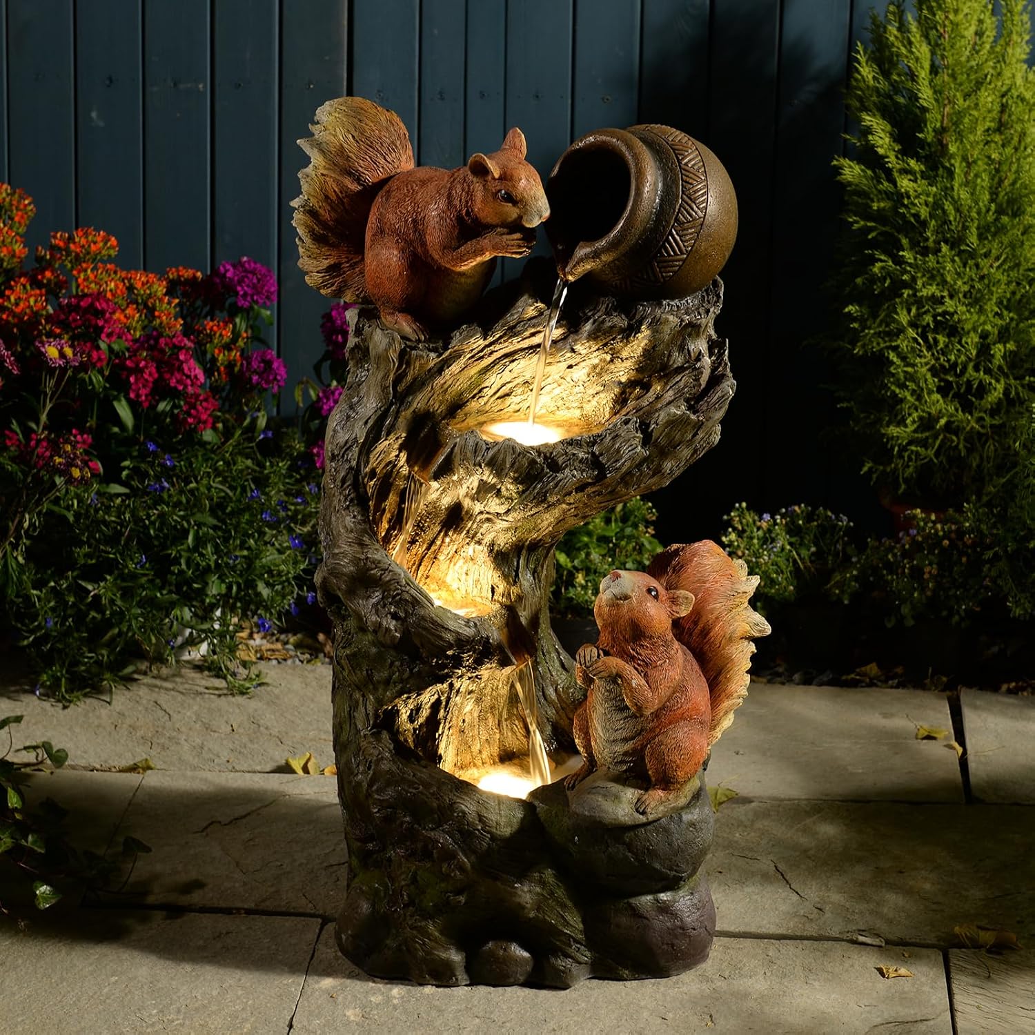 Tankana 30.5' H Squirrel Outdoor Water Fountain, Rustic Tree Stump Cascading Waterfall with LED Lights, Animal Water Feature for Patio, Yard, Porch and Deck Decor, Sculpture Resin Floor Fountain