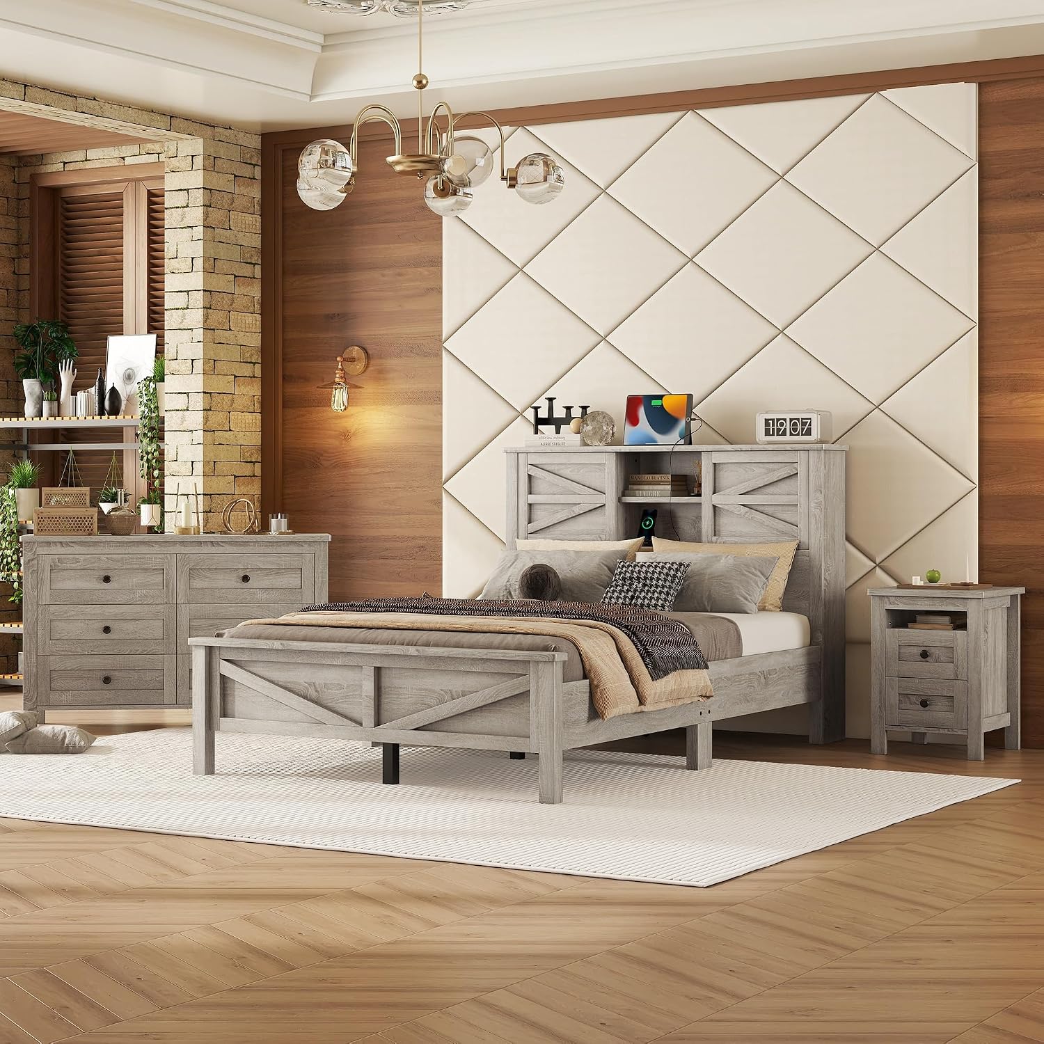 Merax 3-Pieces Bedroom Sets, Farmhouse Platform Bed, Storage Nightstand and Dresser, Bedframe with Double Sliding Door Storage Headboard and Charging Station, Antique Gray, Full Size