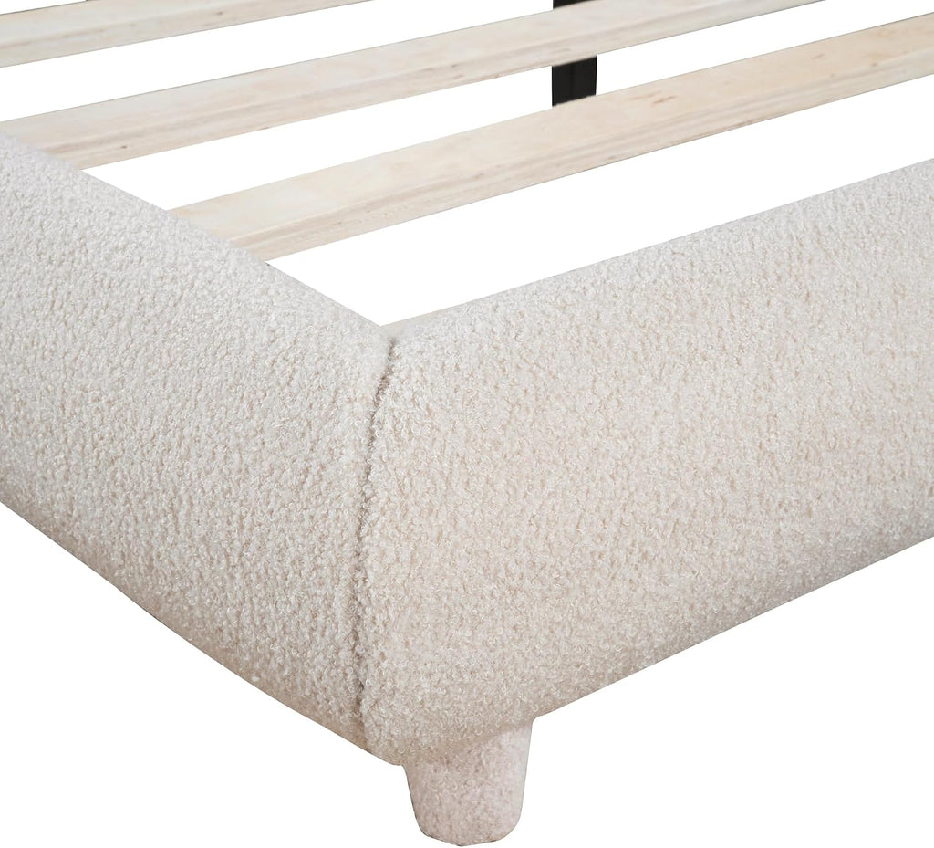 KLMM Teddy Fleece Queen Size Upholstered Platform Bed with Thick Fabric, Solid Frame and Stylish Curve-Shaped Design,for Kids Teens Adults Bedroom (Beige@Teddy Fleece, Queen)