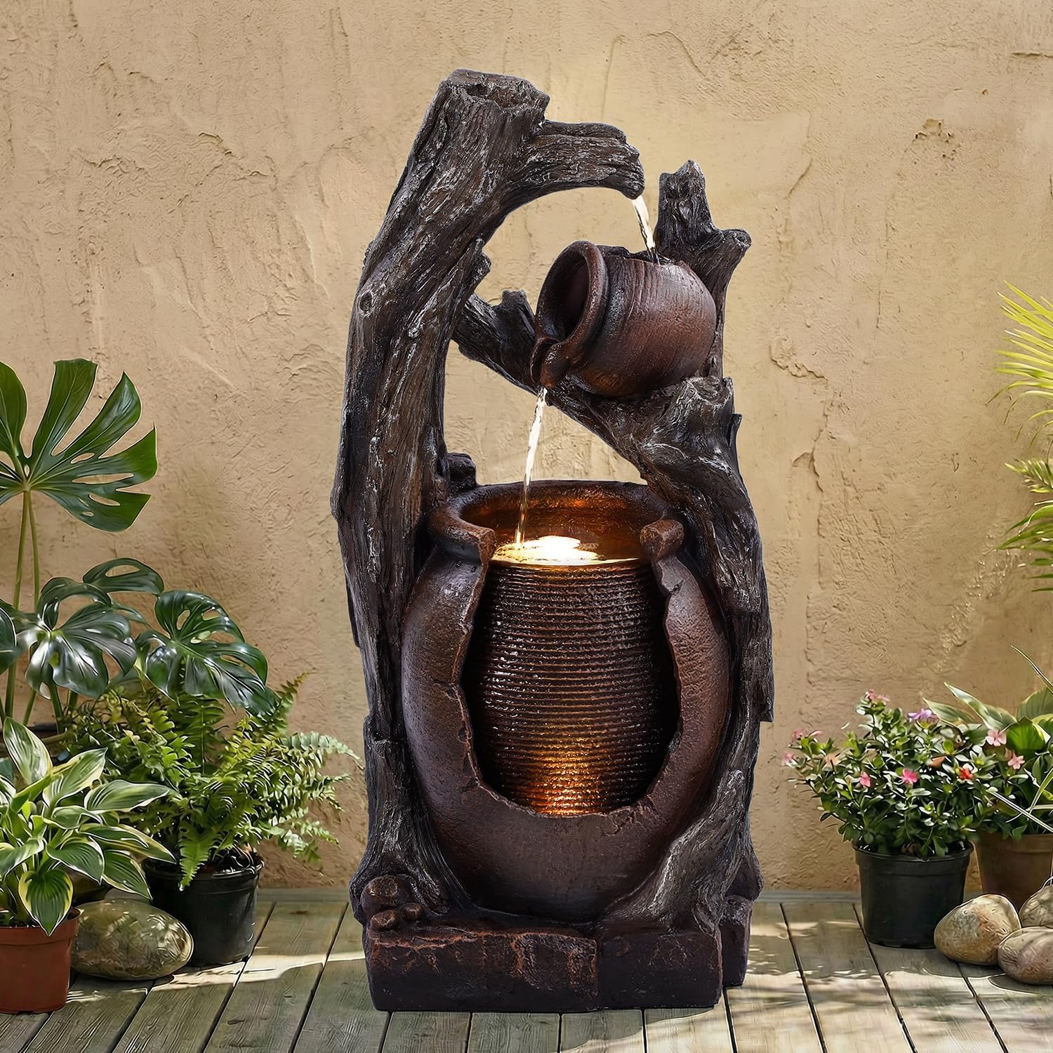 32' H Outdoor Water Fountain, Rustic 2-Tier Clay Pot Water Fountain and Waterfalls with 2 Warm LED Lights, Natural Feature Garden Fountains for Patio, Backyard, Deck, Porch, Home Decor
