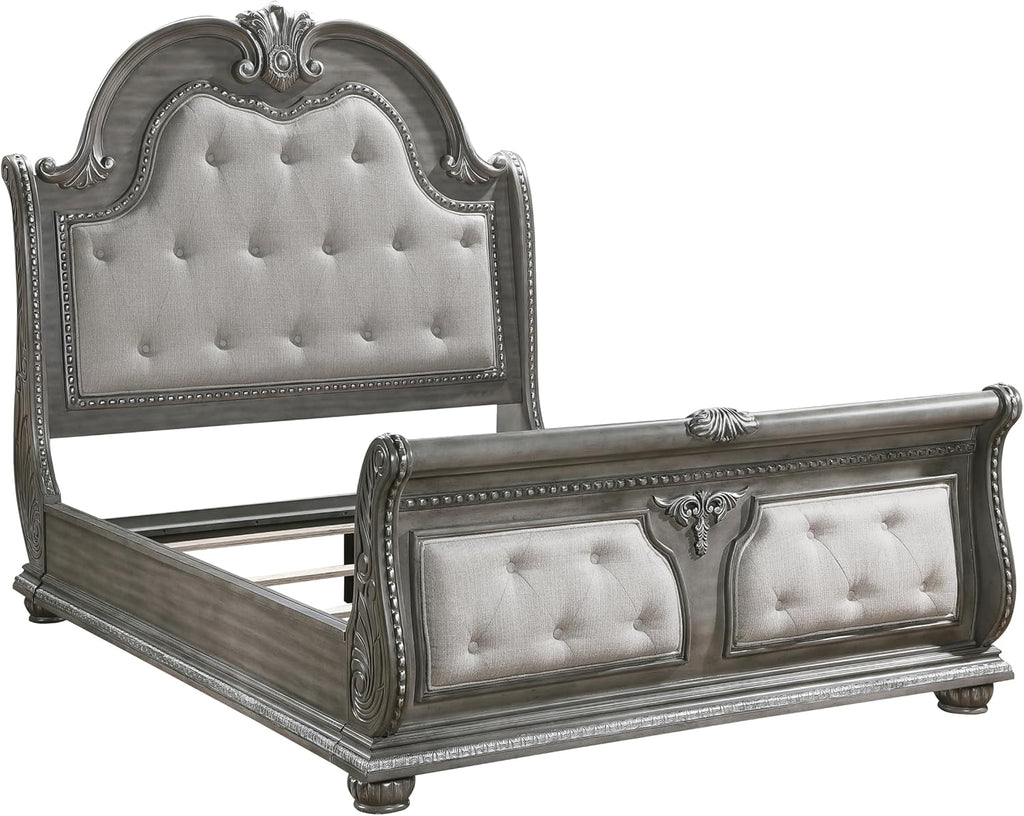 Traditional Style 5-Piece Queen Size Formal Bed Set Gray Finish Carving Wood Luxury Bedroom Furniture