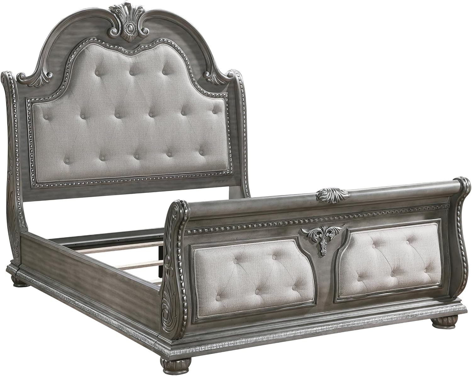 Traditional Style 5-Piece Queen Size Formal Bed Set Gray Finish Carving Wood Luxury Bedroom Furniture