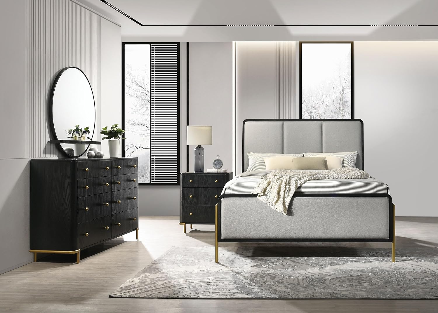 Coaster Home Furnishings Arini Coastal 4-Piece Bedroom Set Fabric Upholstered Queen Size Panel Bed Frame 56-inch Headboard Black and Grey 224331Q-S4