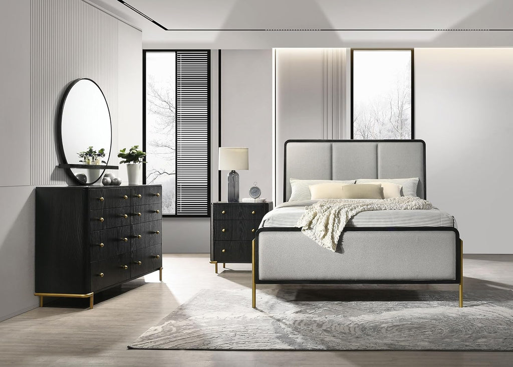 Coaster Home Furnishings Arini Coastal 4-Piece Bedroom Set Fabric Upholstered Eastern King Size Panel Bed Frame 56-inch Headboard Black and Grey 224331KE-S4
