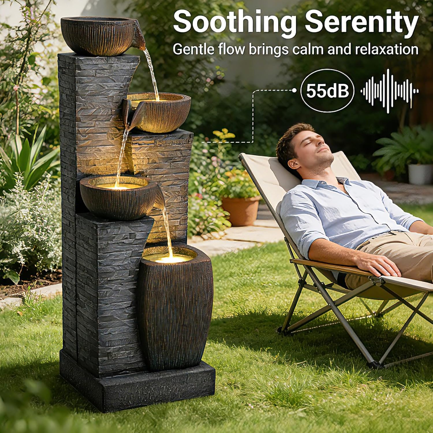 38.2' Tall Outdoor Water Fountain,Stone Texture Modern 4 Tiers Cascading Bowls Garden Fountains Outdoor,Suit for Patio, Deck, Porch, Lawns, Backyard and Home Art Decor