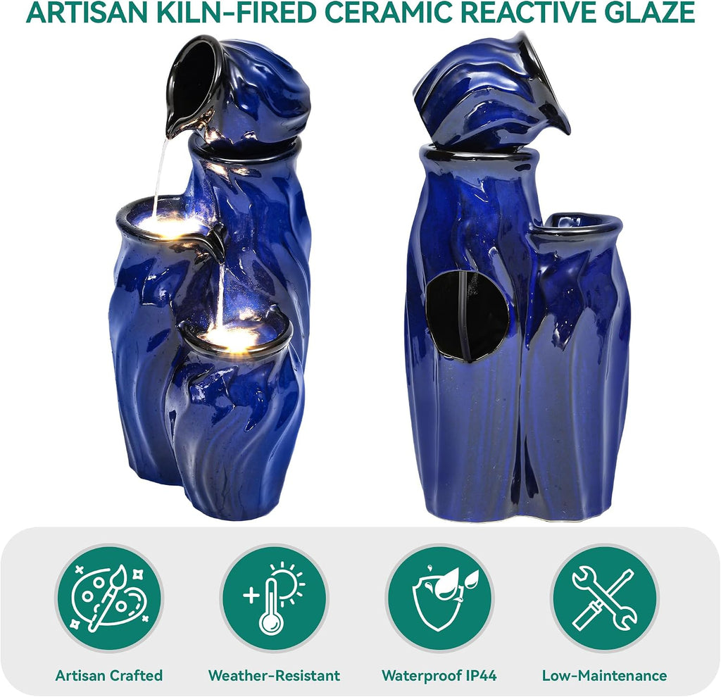 29' Ceramic Water Fountain Outdoor, 4-Tier Dynamic Wavy Outdoor Fountain with Artistic Cobalt Blue Glaze, Decorative Water Feature, Cascading Waterfalls for Serene Garden Patio Yard Porch Decor
