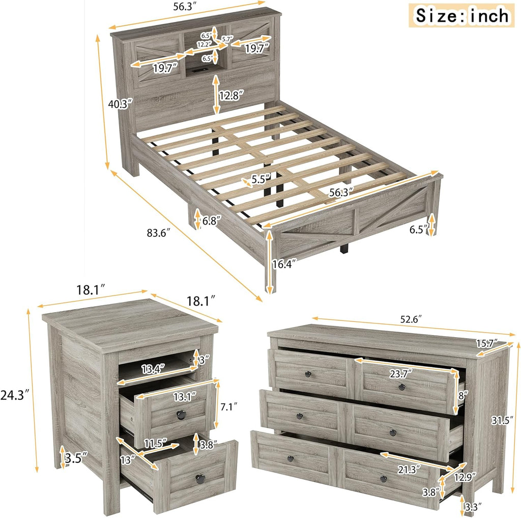 Merax 3-Pieces Bedroom Sets, Farmhouse Platform Bed, Storage Nightstand and Dresser, Bedframe with Double Sliding Door Storage Headboard and Charging Station, Antique Gray, Full Size