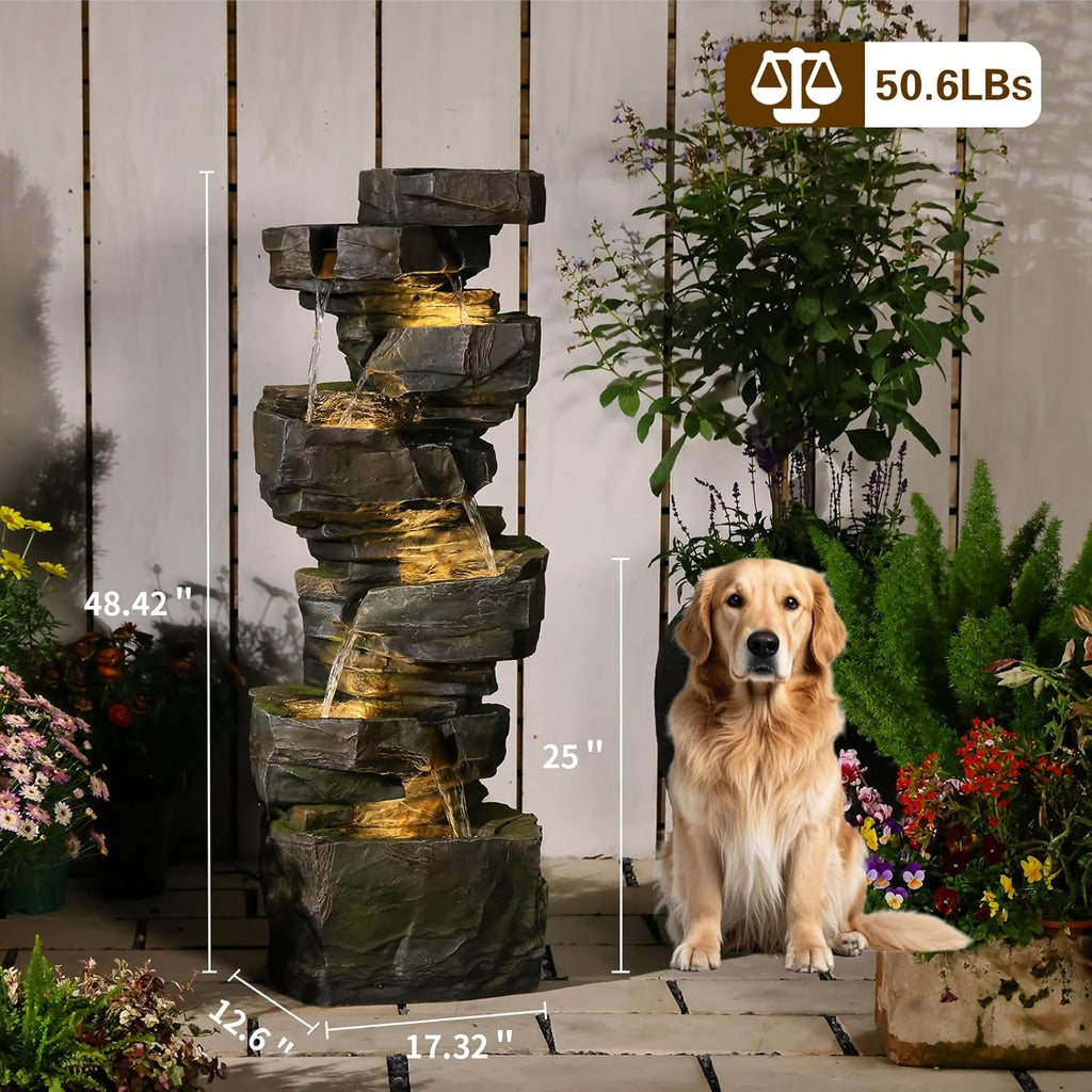 Sunlinua 48.6' H Outdoor Water Fountain with 6 Tiers Large Cascading Realistic Rock Waterfall Fountains with LED Lights Outdoor Water Fountain for Garden Patio Backyard Porch Home Decor