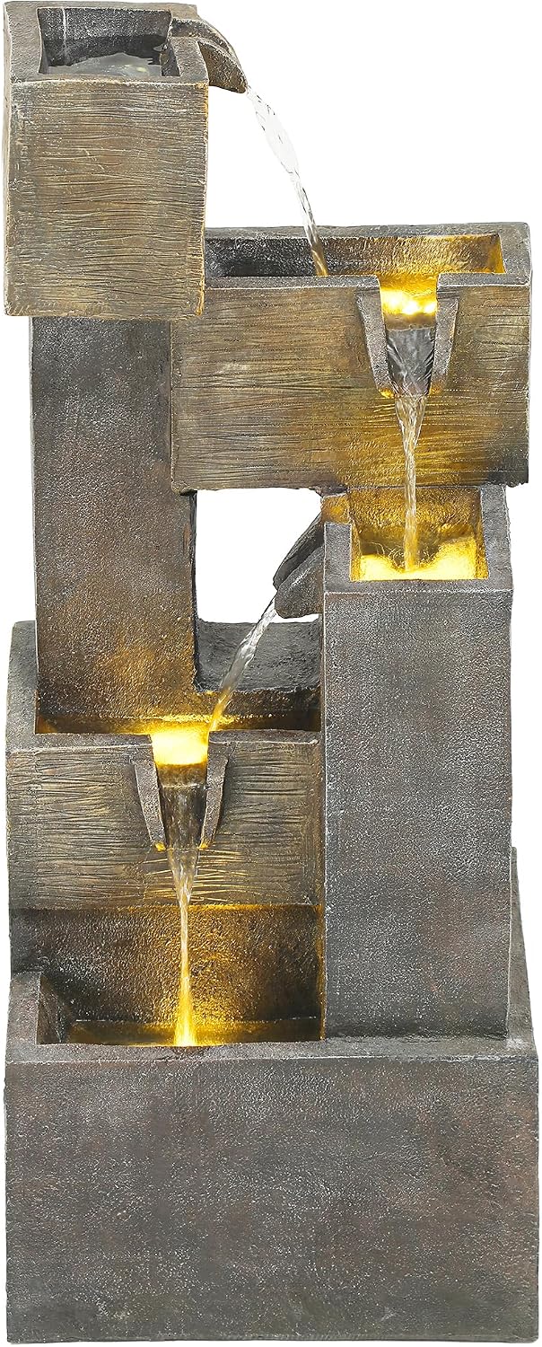 32.5' Modern Outdoor Water Fountain with LED Lights, 5-Tier Stacked Blocks Garden Fountain Cascading Waterfall Feature for Relaxing Garden, Patio, Backyard, Deck, Porch or Home Décor