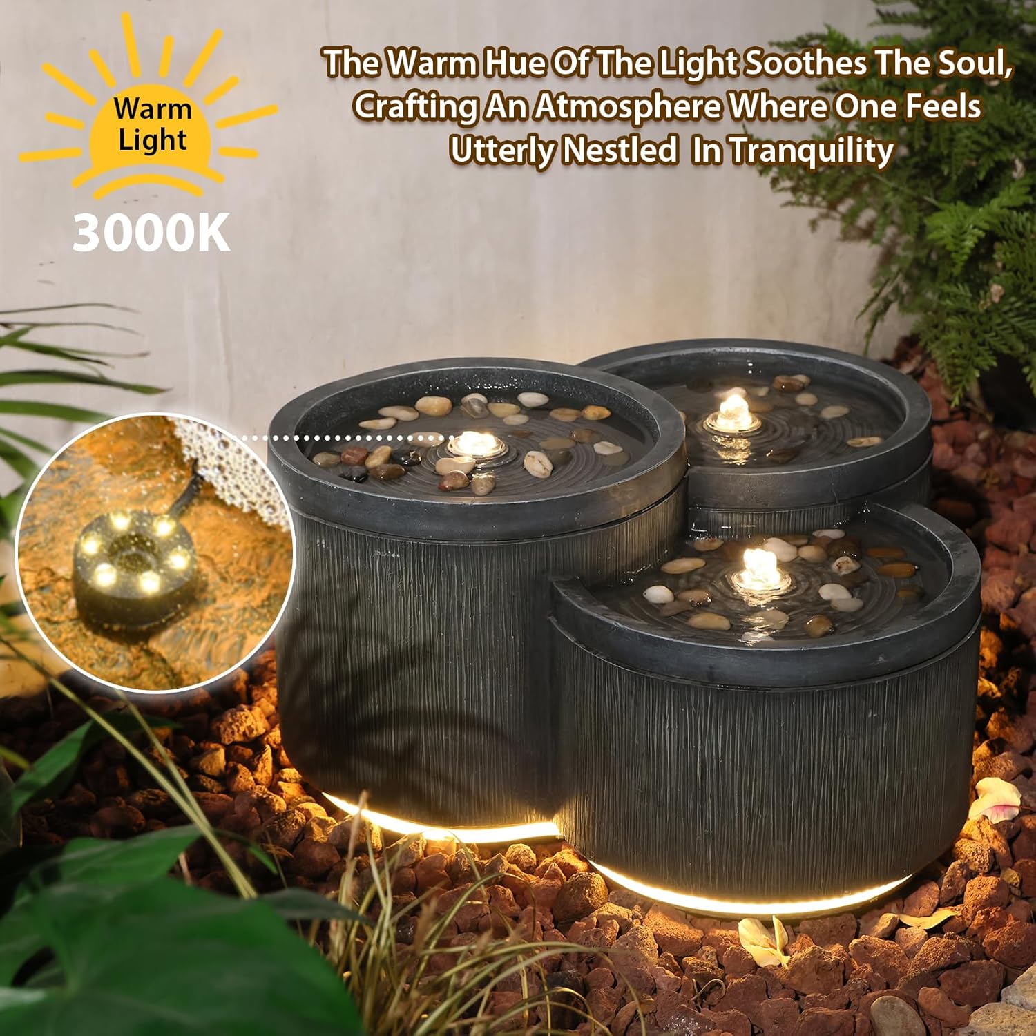 Sunlinua Small Modern Outdoor Water Fountain with 3 Led Lights Tiered Cascading Waterfall Feature with Quiet Pump Floor Water Fountain for Patio Garden Backyard Home and Indoor Décor Black Gray