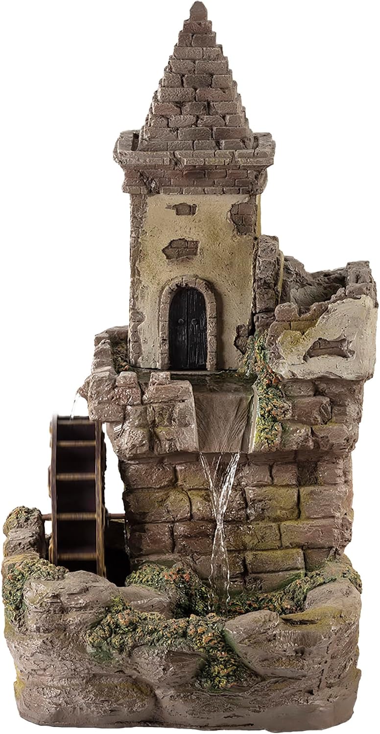 Alpine Corporation USA1164 Outdoor Floor Tiered Fairy Castle Waterwheel Water Fountain with Realistic Stone Look, 35', Brown