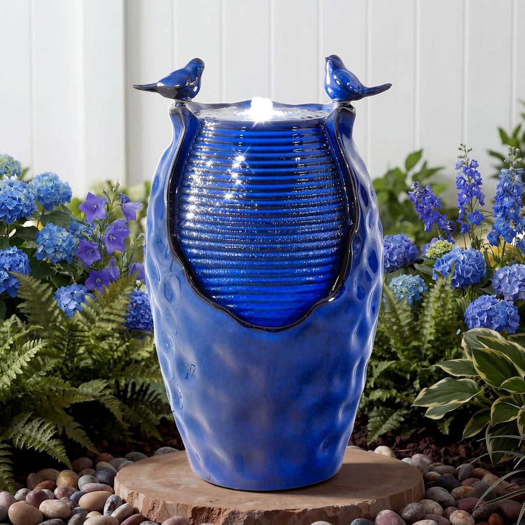 23.5' H Ceramic Jar Outdoor Fountain, Honeycomb Pot Water Feature with LED Lights, Soothing Trickling Waterfall for Garden, Patio, Yard Oasis, KD Vivid Bird Accents, Cobalt Blue Glaze,