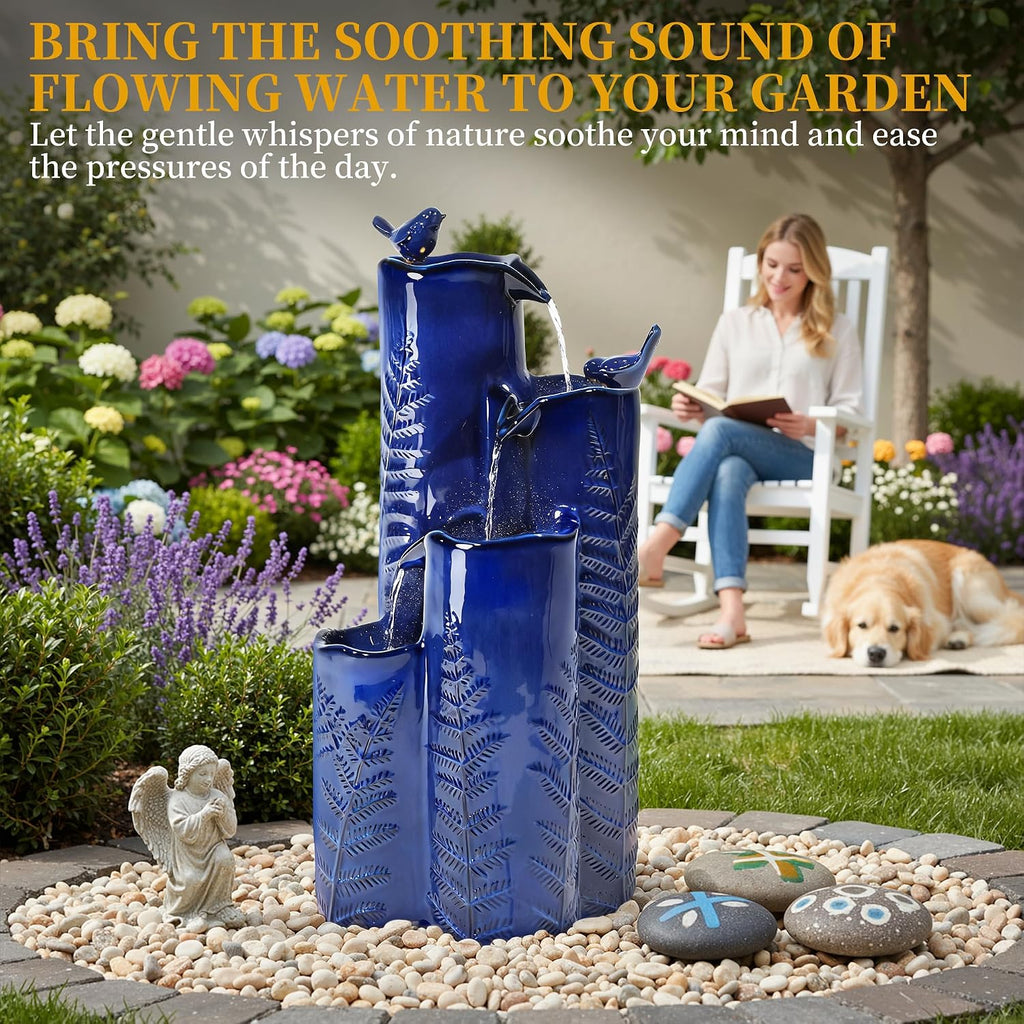 32' Outdoor Water Fountain, Ceramic Outdoor Fountain, Stacked 4-Tier Vase Waterfalls for Garden, Patio, Yard, or Porch Decor, Creating Relaxing Serene Oasis, Embossed Leaf Pattern, Cobalt Blue
