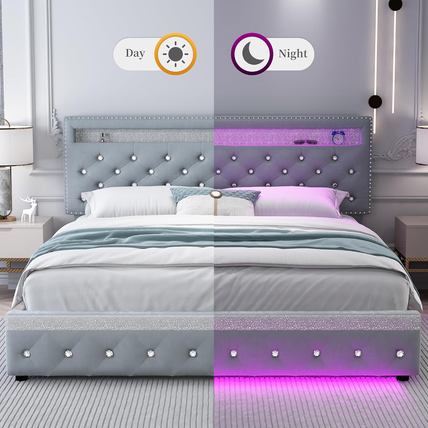 SIBEDS Full Led Bed Frame with 2 Drawers, Platform Bed Frame Full Size with Storage and Adjustable Upholstered Button Tufted Headboard, Noise-Free, Solid & Stable, No Box Spring Needed, Velvet Grey