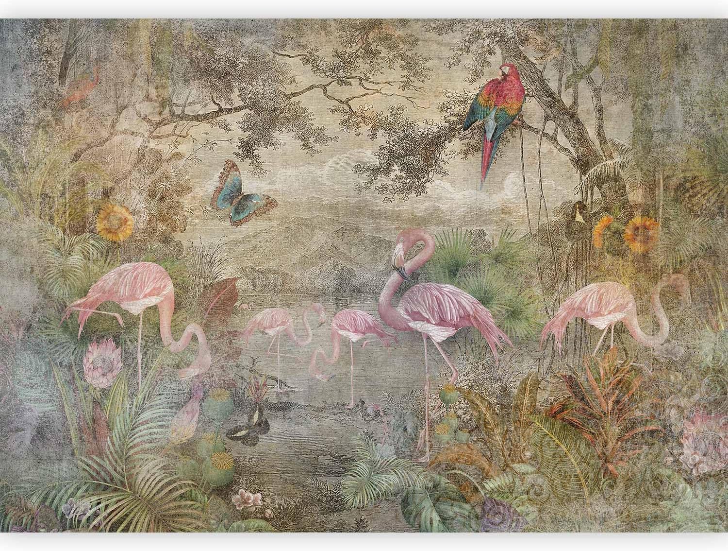 artgeist Premium Wall Mural Retro 157x110 in - XXL Non-Woven Wallpaper Fleece Wall Decor Photo Print Picture Image Abstract Vintage Flowers Animals Flamingo g-C-0392-a-a