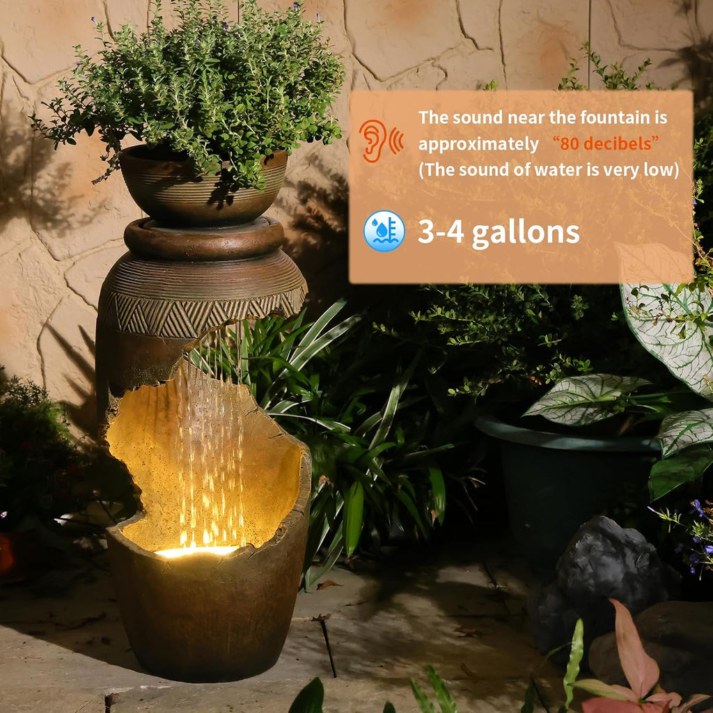 Free Standing Garden Fountain with Planter, Tiered Urn Water Fountain Outdoor, Cascading Waterfall Resin Fountain for Patio, Yard, Porch and Home Décor, Cracked Urn Design(Terracotta Brown)