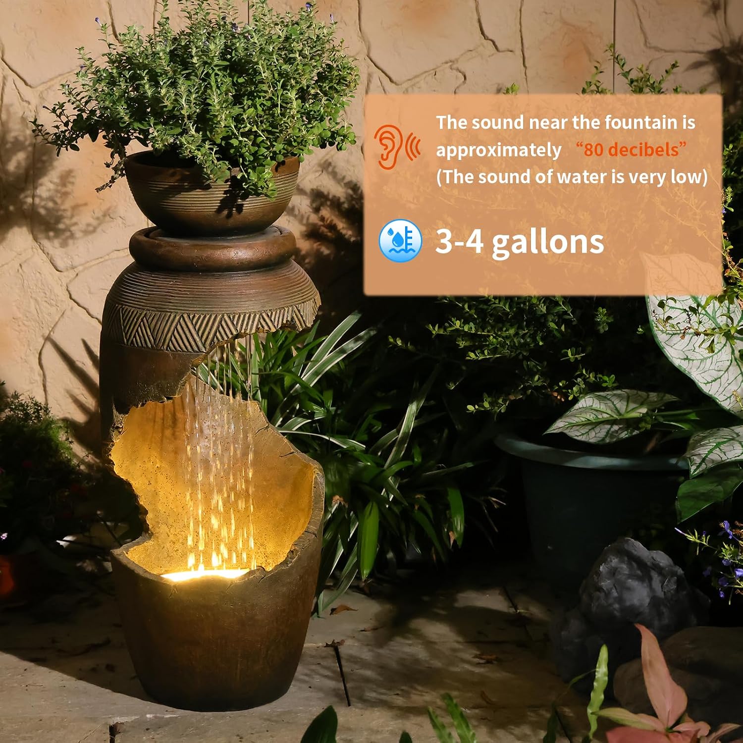 Free Standing Garden Fountain with Planter, Tiered Urn Water Fountain Outdoor, Cascading Waterfall Resin Fountain for Patio, Yard, Porch and Home Décor, Cracked Urn Design(Terracotta Brown)