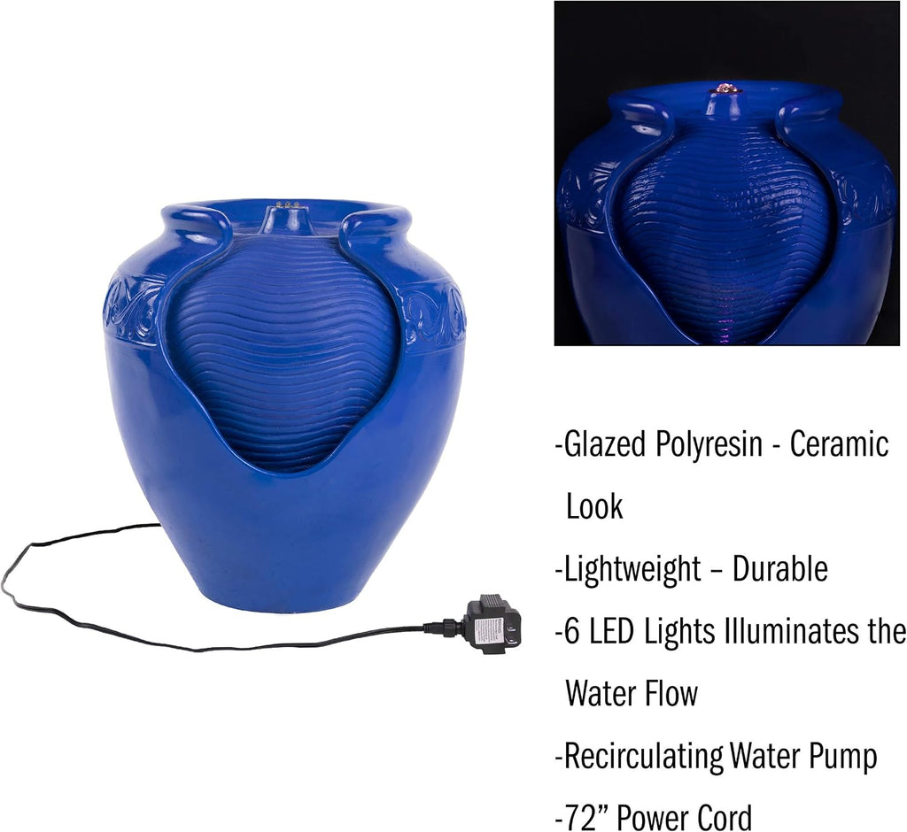 Jar Water Fountain – Indoor or Outdoor Ceramic-Look Glazed Pot Resin Water Feature with Electric Pump and LED Lights by Pure Garden (Cobalt Blue)