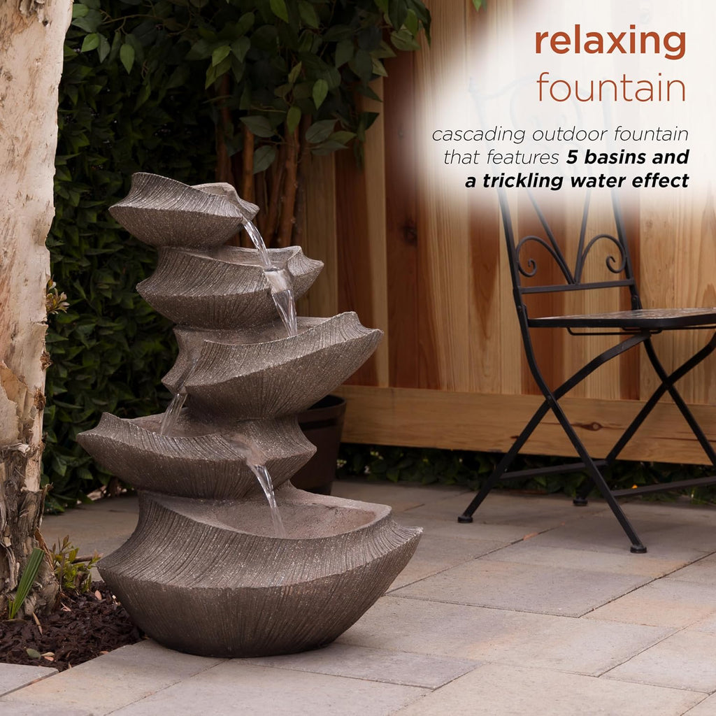 Alpine Corporation WIN1332L-BR Outdoor Floor Tiered Basin Fountain with LED Lights, Modern Basin Garden Fountain 31', Brown