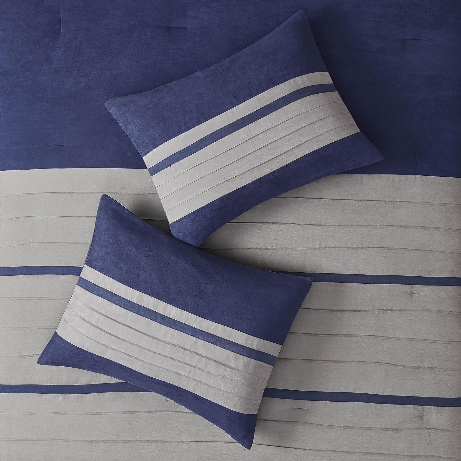 Madison Park Cozy Comforter Set-Luxury Faux Suede Design, Striped Accent, All Season Down Alternative Bedding, Matching Shams, Decorative Pillow, Blue, California King (104 in x 92 in)