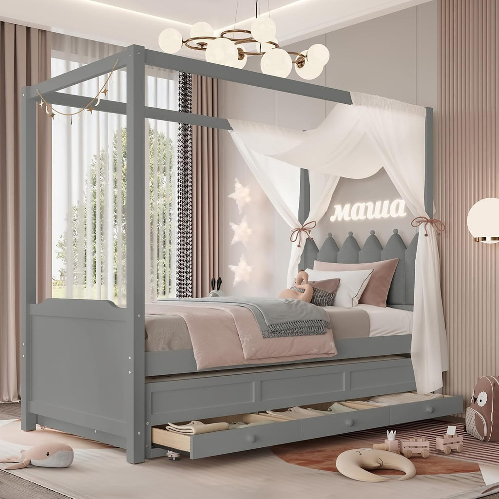 Twin Size Wood Canopy Bed with Upholstered Headboard, Twin Size Trundle and 3 Drawers, No Box Spring Needed (Gray, Twin)