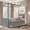 Twin Size Wood Canopy Bed with Upholstered Headboard, Twin Size Trundle and 3 Drawers, No Box Spring Needed (Gray, Twin)