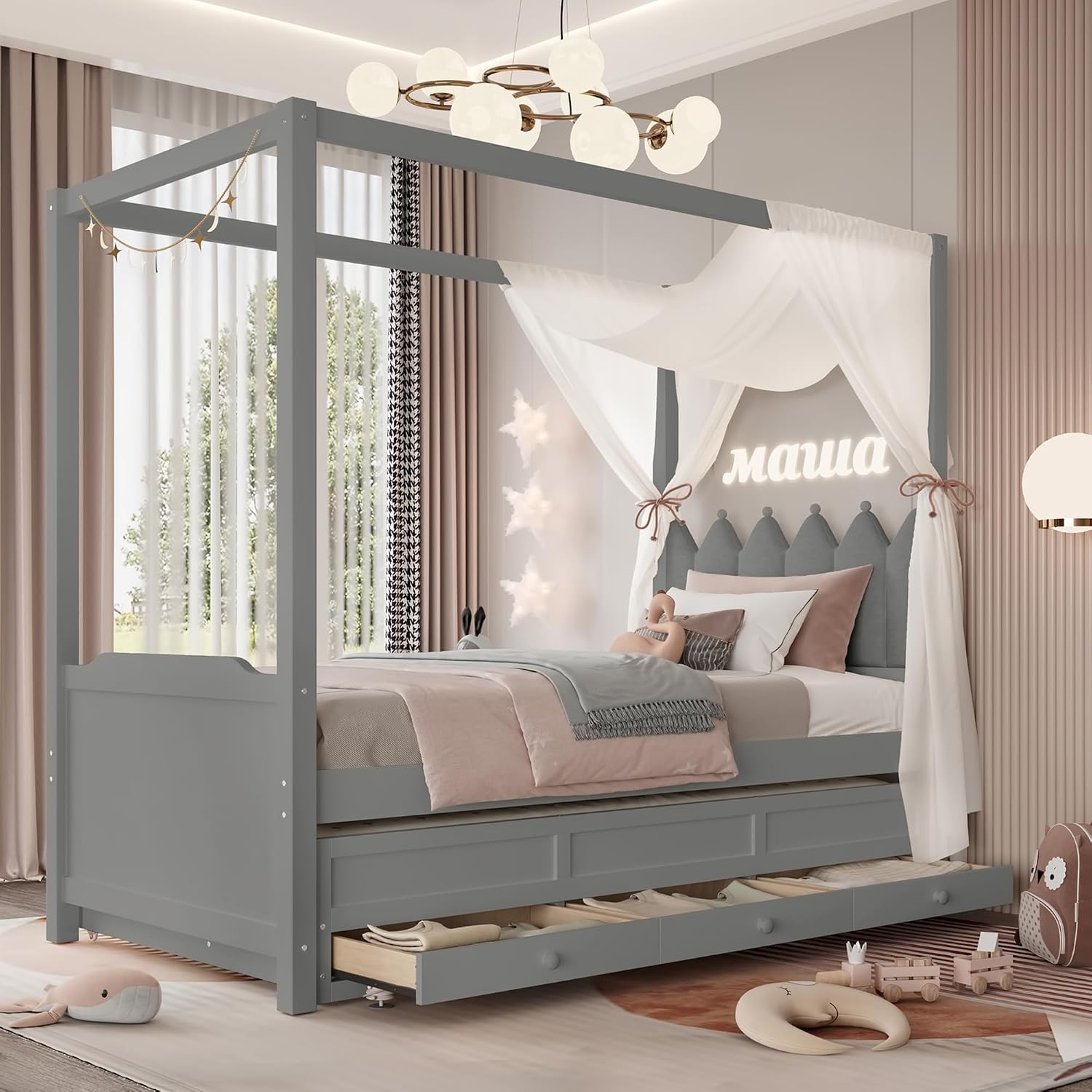 Twin Size Wood Canopy Bed with Upholstered Headboard, Twin Size Trundle and 3 Drawers, No Box Spring Needed (Gray, Twin)